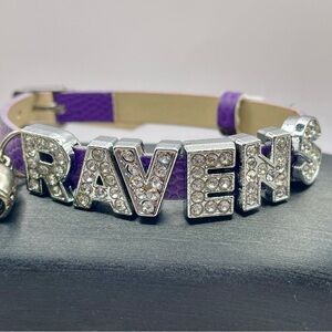 Purple Ravens Rhinestone Faux Leather Bracelet with Silver Charms. 8 inches